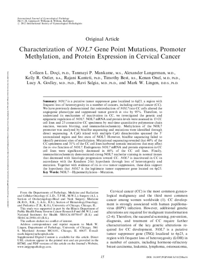 Characterization of NOL7 gene point mutations, promoter methylation, and protein expression in cervical cancer. Thumbnail