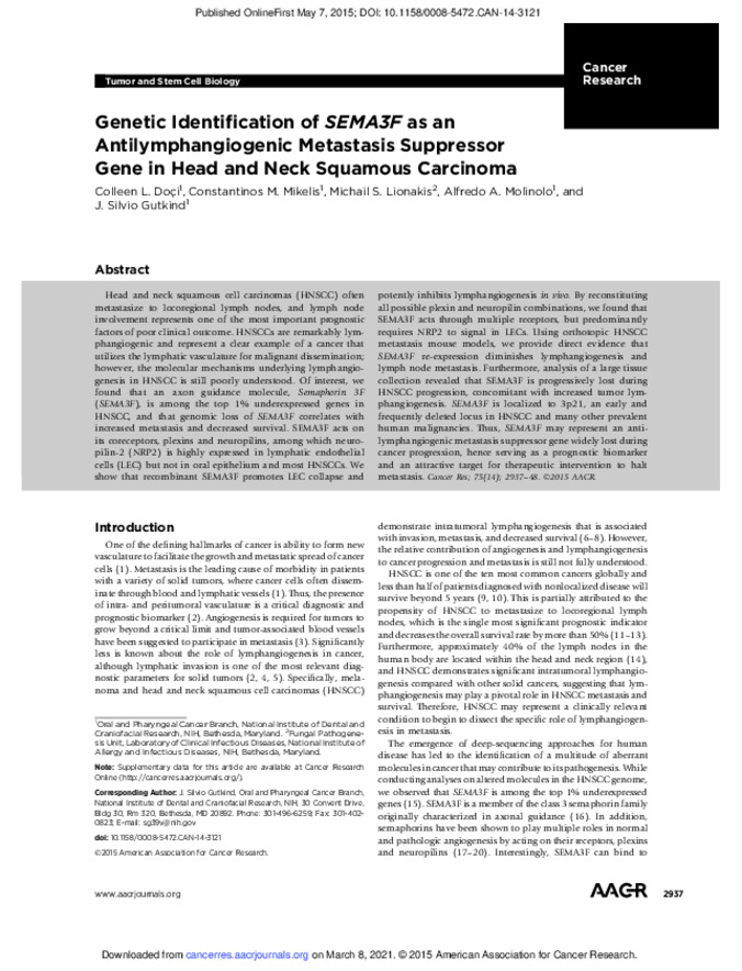 Genetic Identification of SEMA3F as an Antilymphangiogenic Metastasis Suppressor Gene in Head and Neck Squamous Carcinoma Thumbnail