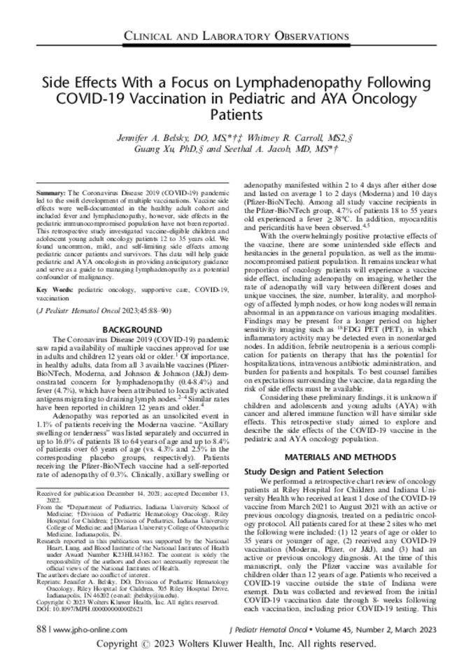 Side Effects With a Focus on Lymphadenopathy Following COVID-19 Vaccination in Pediatric and AYA Oncology Patients Miniature