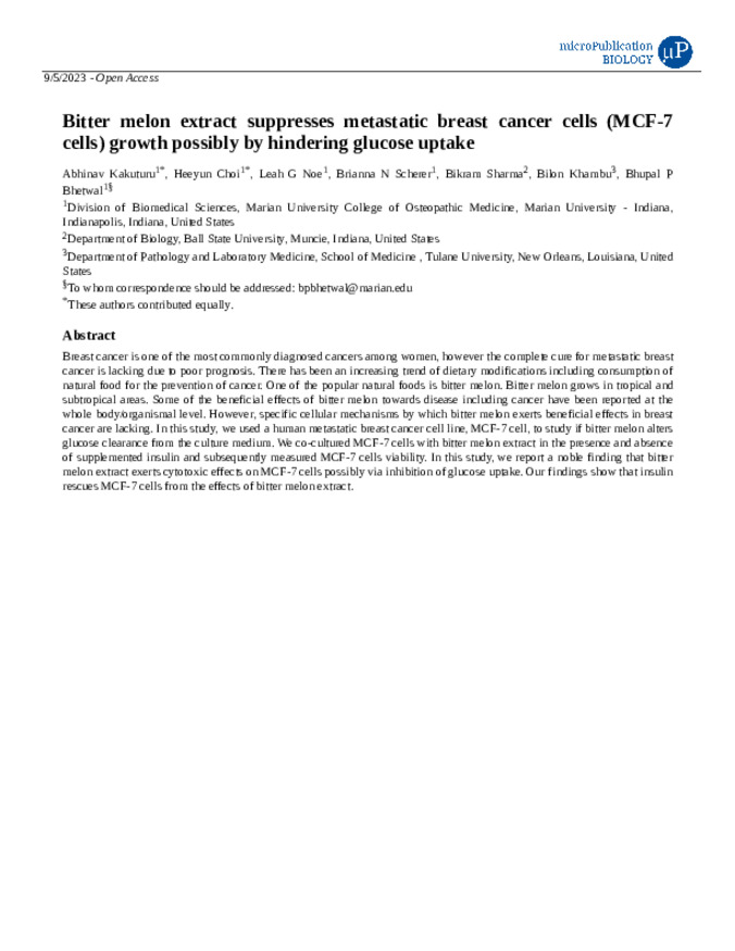 Bitter melon extract suppresses metastatic breast cancer cells (MCF-7 cells) growth possibly by hindering glucose uptake 缩略图