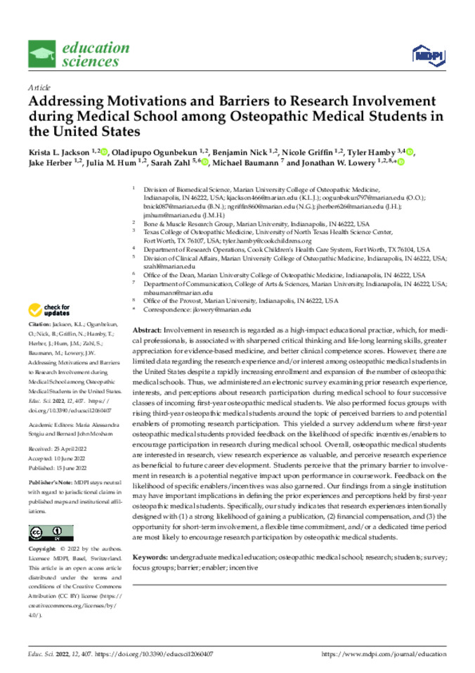 Addressing Motivations and Barriers to Research Involvement during Medical School among Osteopathic Medical Students in the United States Thumbnail