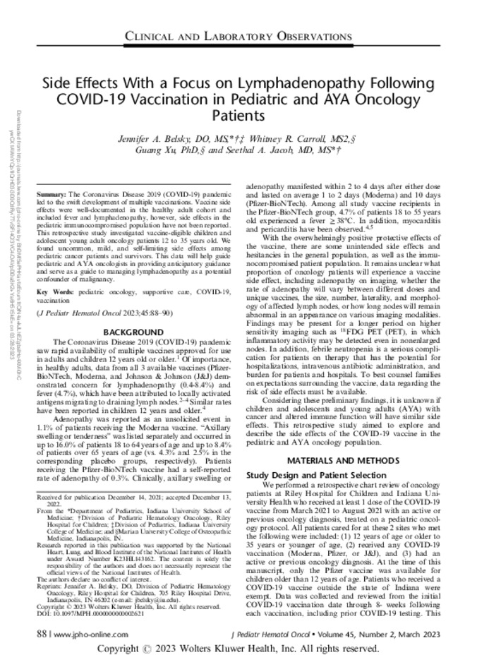  Side Effects With a Focus on Lymphadenopathy Following COVID-19 Vaccination in Pediatric and AYA Oncology Patients  Miniature