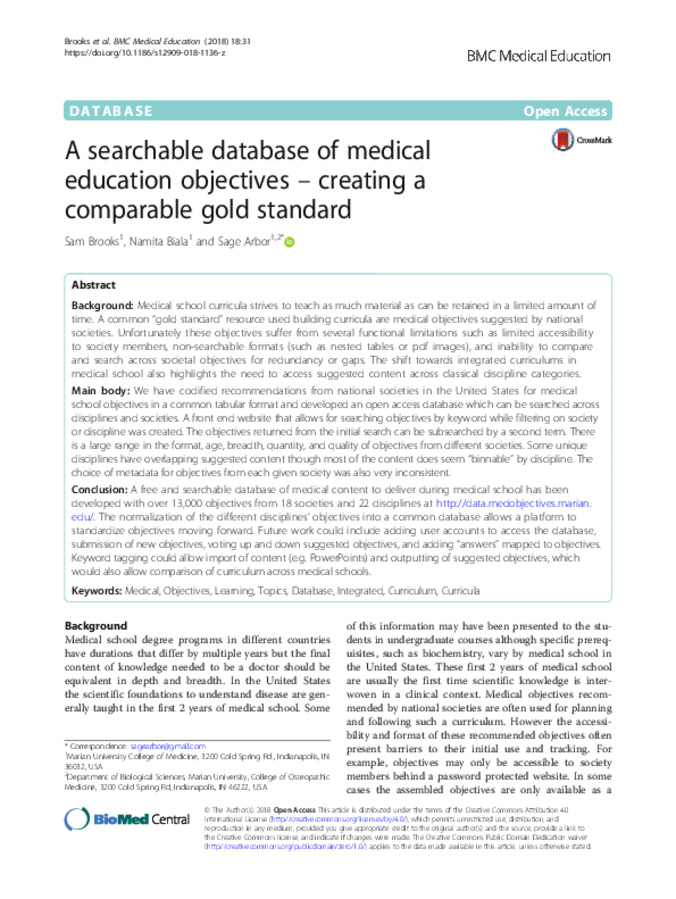 A Searchable Database of Medical Education Objectives - Creating A Comparable Gold Standard Thumbnail