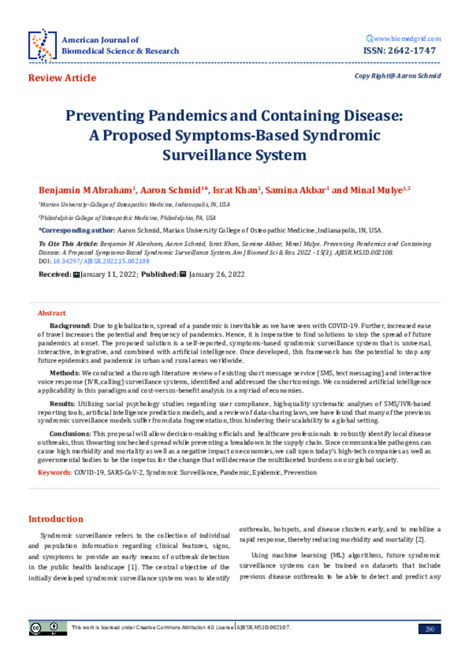Preventing Pandemics and Containing Disease: A Proposed Symptoms-Based Syndromic Surveillance System miniatura