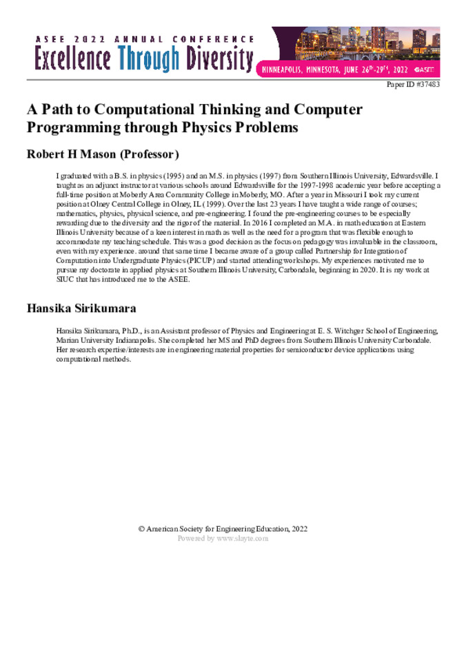 A Path to Computational Thinking and Computer Programming through Physics Problems 缩略图