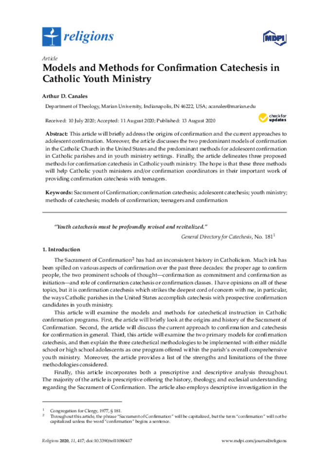 Models and Methods for Confirmation Catechesis in Catholic Youth Ministry 缩略图