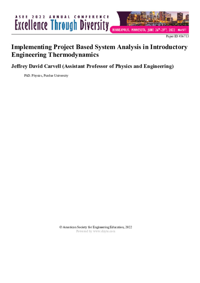 Implementing Project Based System Analysis in Introductory Engineering Thermodynamics Miniature
