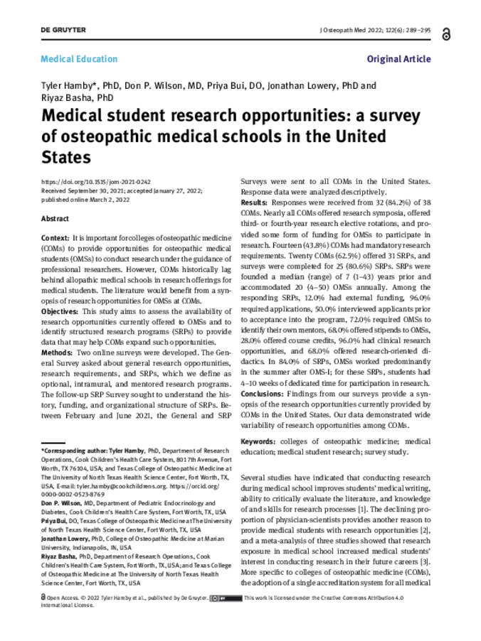 Medical student research opportunities: a survey of osteopathic medical schools in the United States Thumbnail