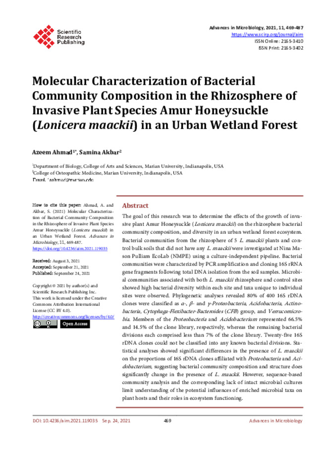 Molecular Characterization of Bacterial Community Composition in the Rhizosphere of Invasive Plant Species Amur Honeysuckle (Lonicera Maackii) in an Urban Wetland Forest 缩略图