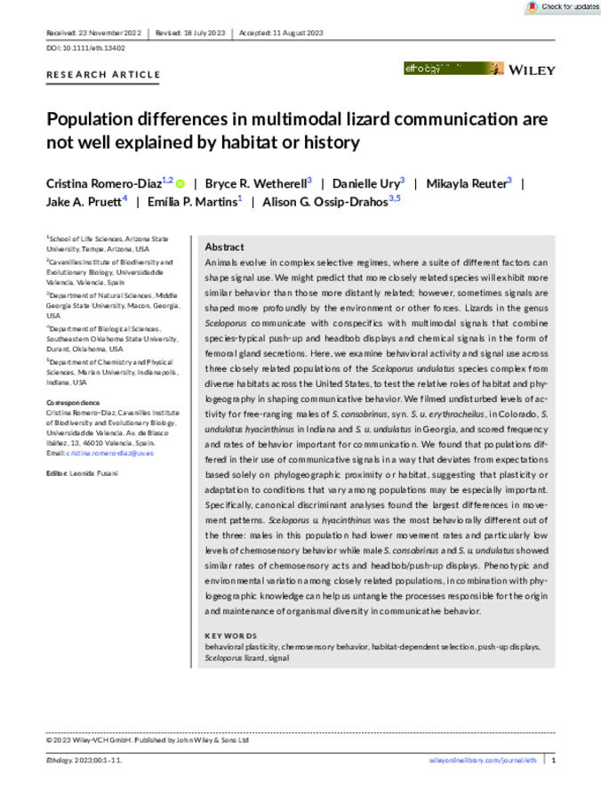 Population differences in multimodal lizard communication are not well explained by habitat or history Thumbnail