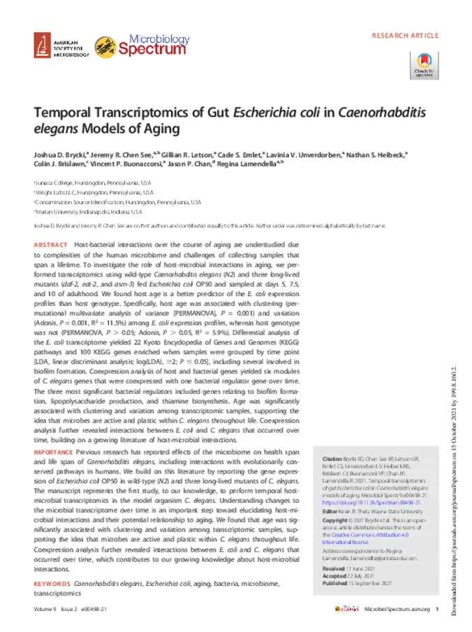  Temporal Transcriptomics of Gut Escherichia coli in Caenorhabditis elegans Models of Aging  Thumbnail