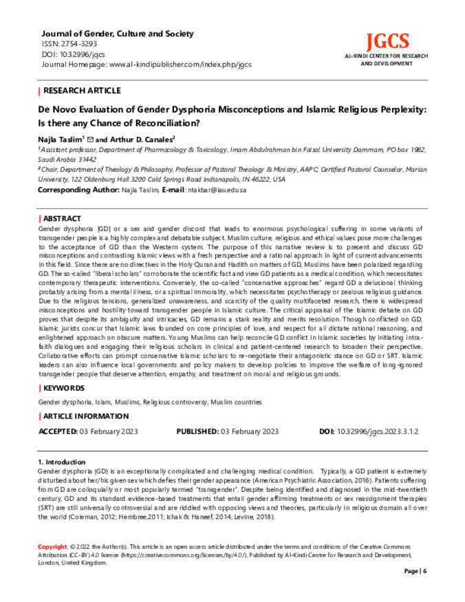  De Novo Evaluation of Gender Dysphoria Misconceptions and Islamic Religious Perplexity: Is there any Chance of Reconciliation?  miniatura